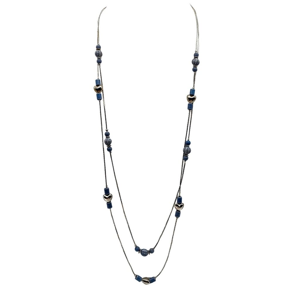 Vintage Double Strand Station Necklace, Blue Tube Beads and Puffy Hearts